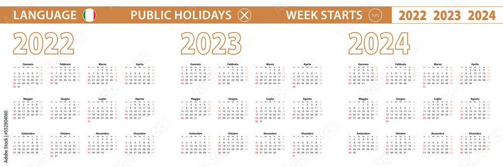 2022, 2023, 2024 year vector calendar in Italian language, week starts on Sunday.