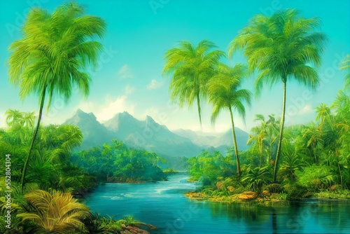 Palm trees against blue sky  tropical coast with waterfall and mountains on a background  river  lake with turquoise water. Summertime.