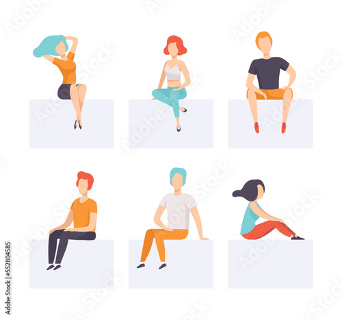 People Characters Sitting in Different Pose on Rectangular Shape Block Vector Set