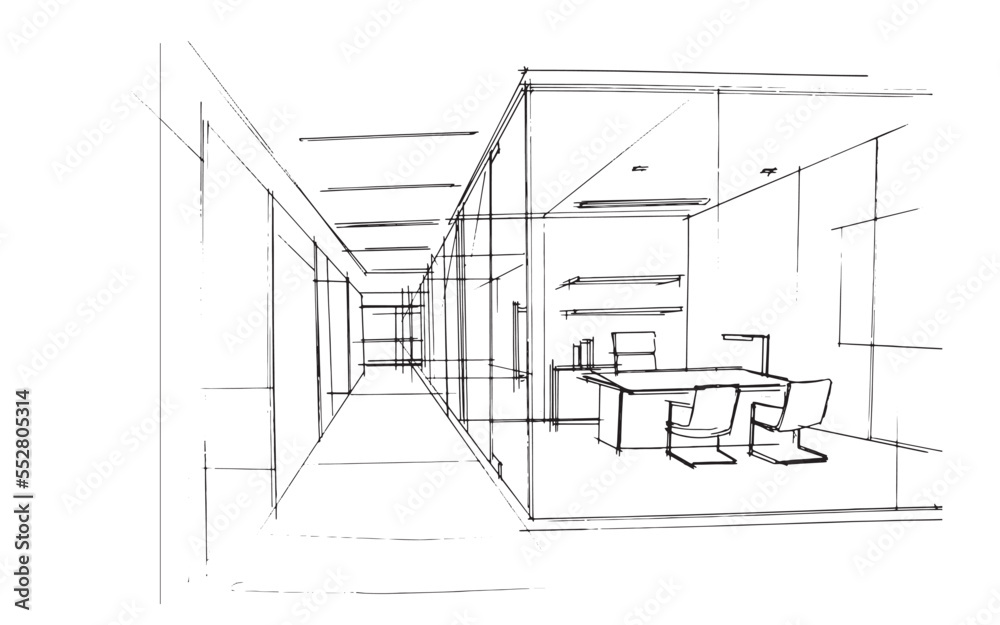 Sketch drawing of a manager's room in an office space,Modern design,vector,2d illustration Sketch drawing of a manager's room in an office space,Modern design,vector,2d illustration