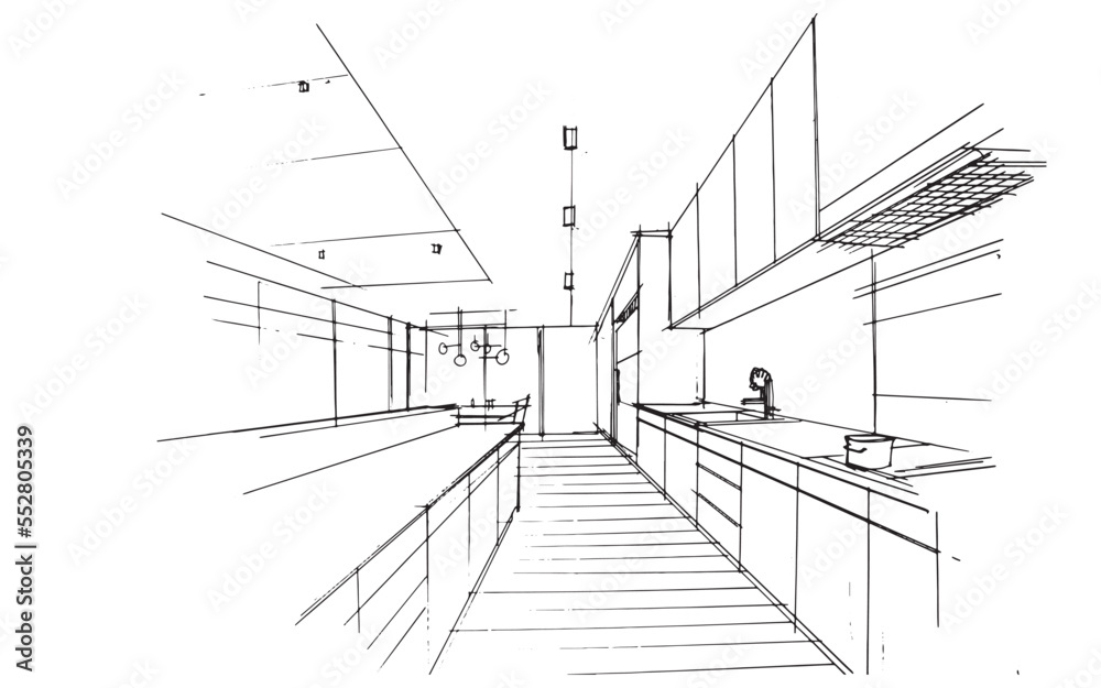 kitchen sketch drawing,Modern design,vector,2d illustration kitchen sketch drawing,Modern design,vector,2d illustration