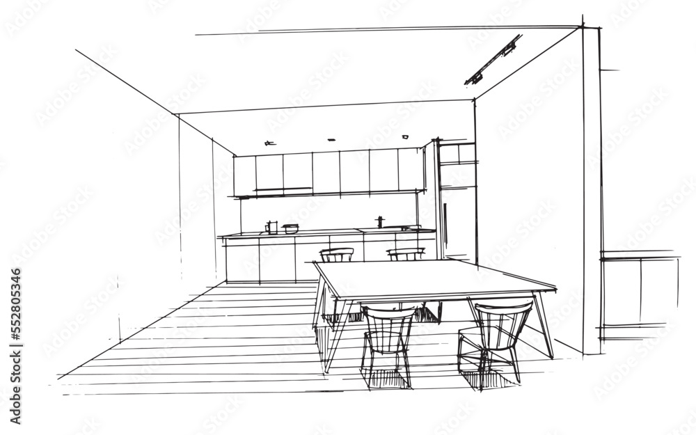 sketch drawing hall and kitchen counter,dining table and chair,modern design,vector,2d