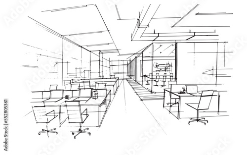 office work area sketch drawing,Modern design,vector,2d illustration