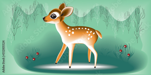A little cartoon style deer in the forest, postcard. Children image.