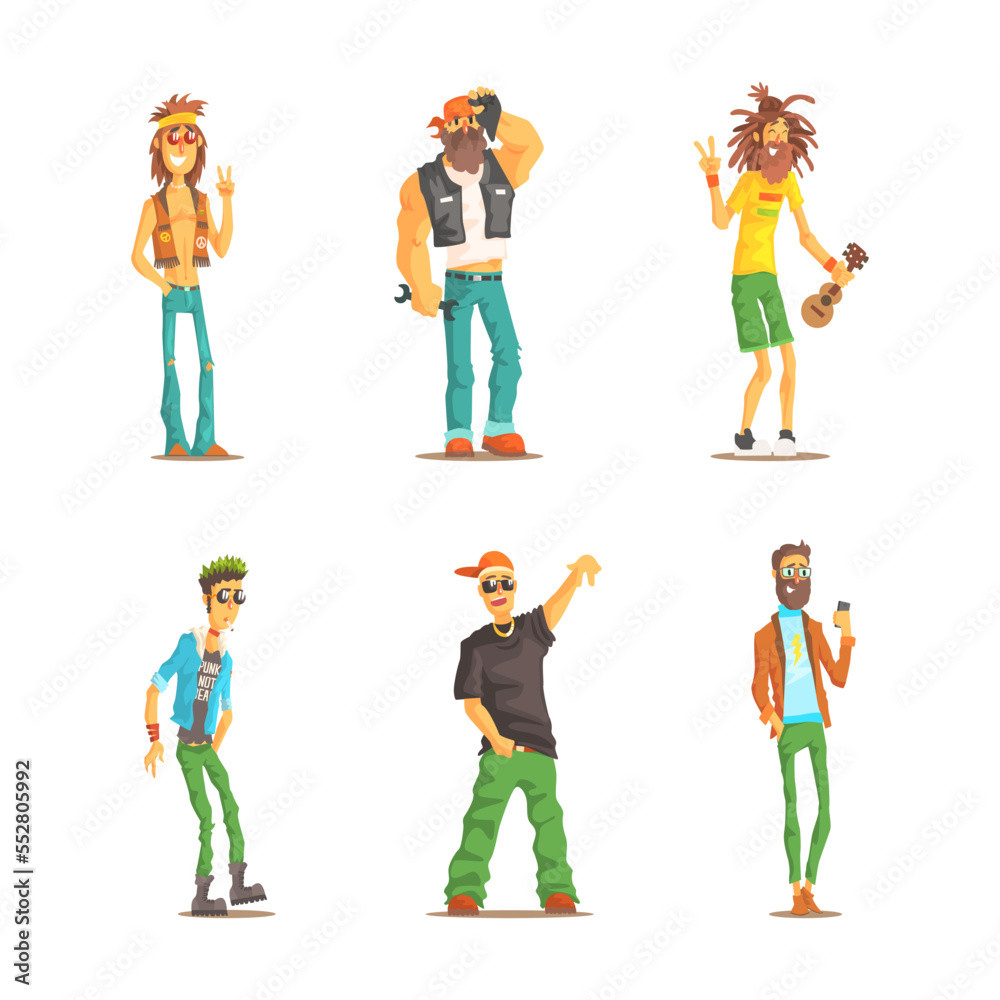 Man Character of Different Subcultures with Biker, Punk, Hipster and Rastaman Vector Set