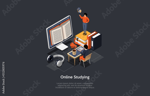 Concept Of Online Studying, Distance Online E-Learning. Student At Desk Listening To Teacher. Boy Taking An Remote Course. Self Education, Video Tutorials. Isometric Cartoon 3d Vector Illustration.