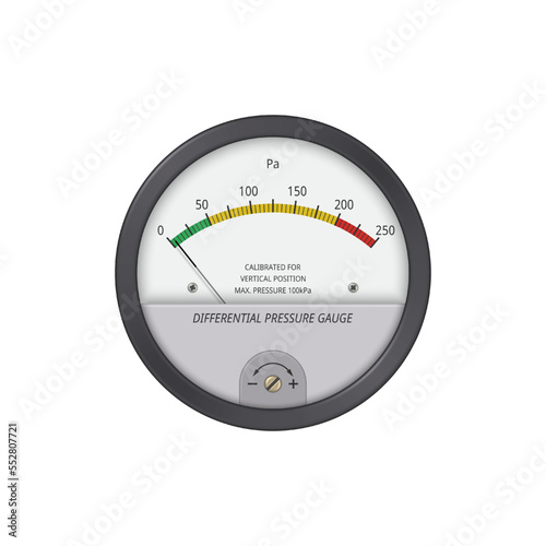 Differential pressure gauge with color scale. Vector illustration.