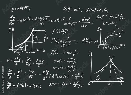 Vintage education and scientific background. Trigonometry law theory and mathematical formula equation on blackboard. Vector hand-drawn illustration.