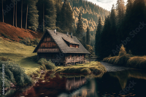 Valokuva A picturesque scene of a wooden cottage by a river in Germany's Black Forest Gen