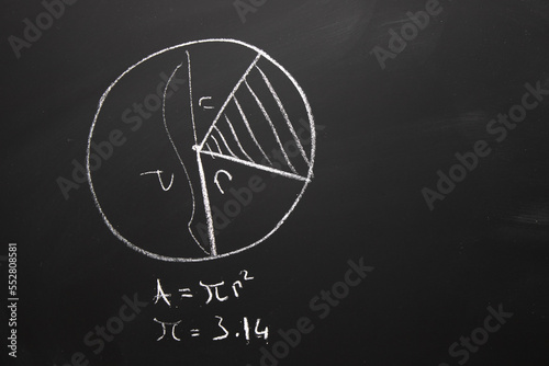 circle formula. Math formula drawn with chalk on the chalkboard.