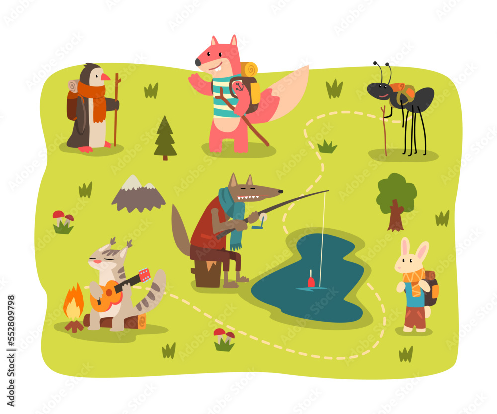 Fototapeta premium Wild Animals Traveling and Hiking Walking with Backpack Vector Set