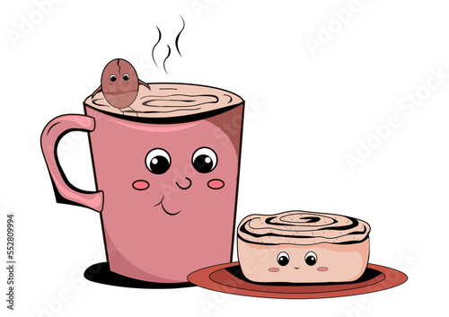 Vector illustration of coffee with cupcake. fun coffee, fun baking. coffee, cake, pastries, tea
