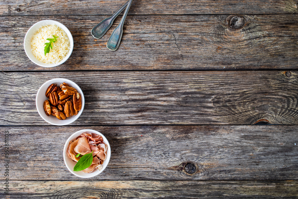 Empty wooden table - empty pine boards with food ingredients 