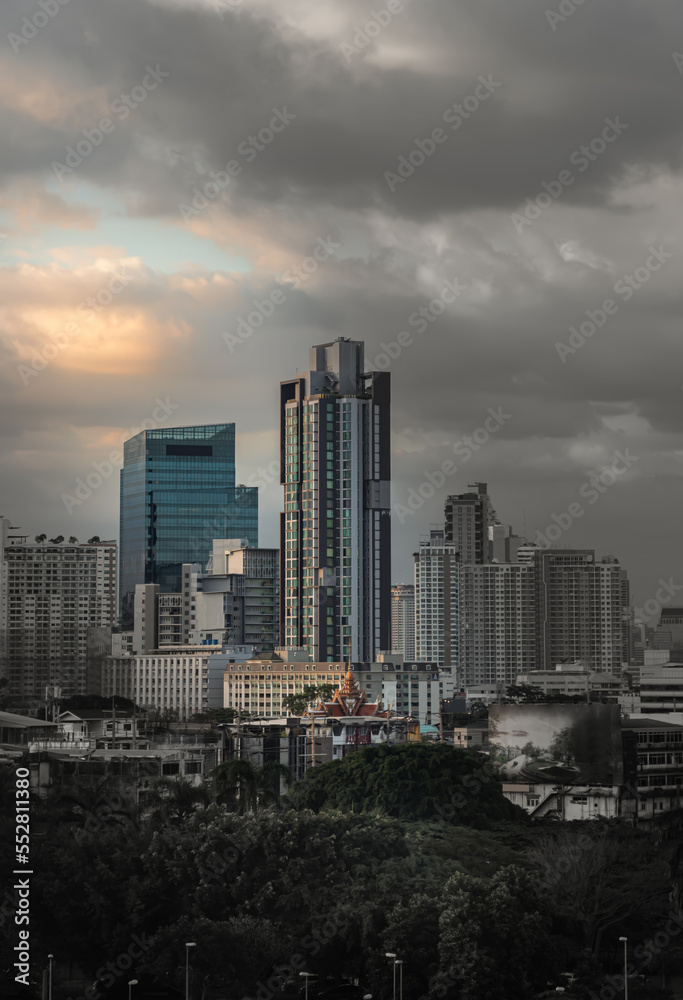 Beautiful view of Modern high-rise buildings in the evening time. Good time for waiting the sunset last light of the day, Nice city view, Selective Focus.