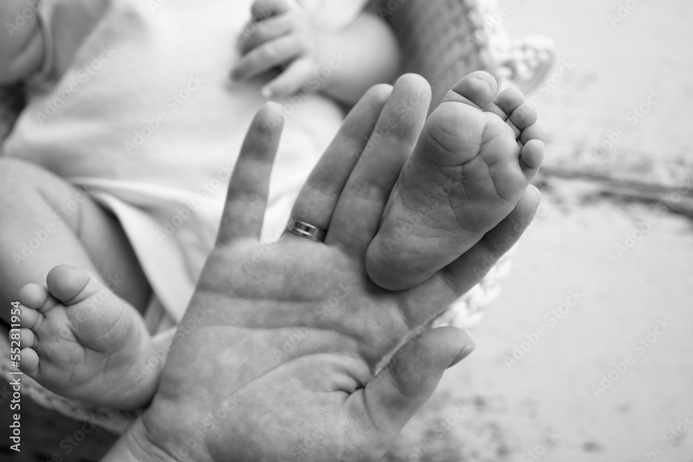Baby feet in the hands of mother, father, older brother or sister, family. Feet of a tiny newborn close up. Little children's feet surrounded by the palms of the family. Black and white. Baby feet in the hands of mother, father, older brother or sister, family. Feet of a tiny newborn close up. Little children's feet surrounded by the palms of the family. Black and white.