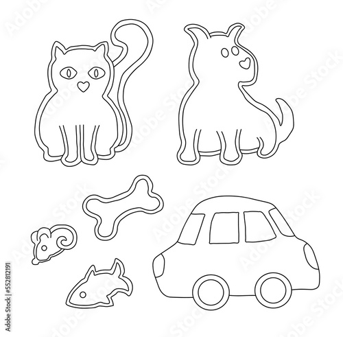 The outline of gingerbread in the shape of a cat, dog, mouse, fish, bone, car. Vector illustration on a white background