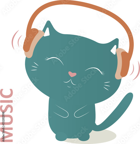 Vector cute cat in headphones listens to music. Melomaniac cat.