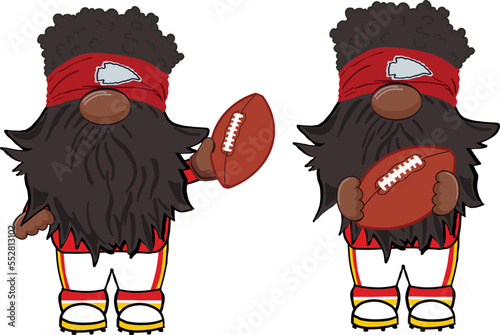Set of two cute hand drawn vector illustration of Magnomes football player gnomes dressed in a red and white and yellow uniform on an isolated white background.