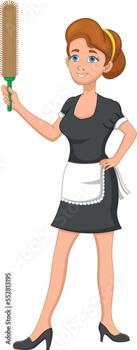cartoon cute maid holding feather duster