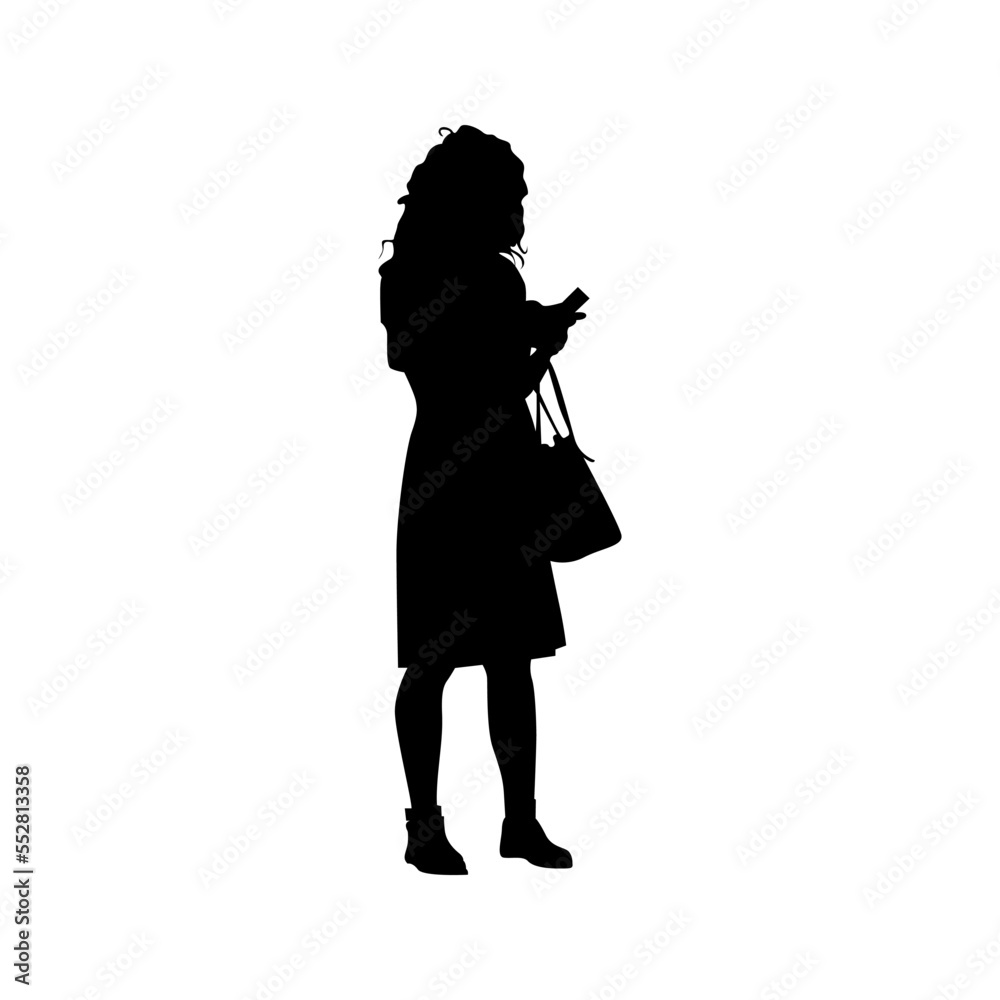 Vector black silhouette of woman looking on cell phone, people vector illustration. Vector black silhouette of woman looking on cell phone, people vector illustration.