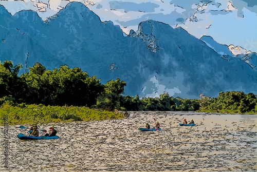 river and mountains in Vang Vien, Laos photo