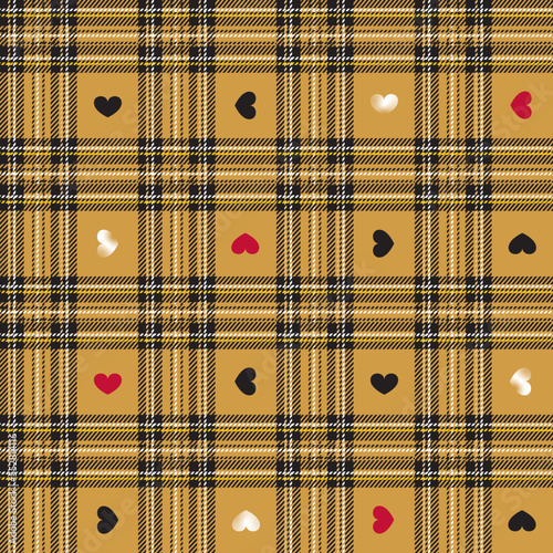 Tartan pattern with hearts. Beige colours. Scottish checkered background. Traditional scottish ornament. Seamless fabric texture. Christmas New Year decor. Walentine day. Vector illustration photo