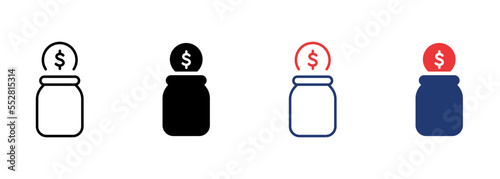 Moneybox with Falling Coin Icon Set. Glass Jar for Collect Money Pictogram. Bottle for Save Cash Icon. Editable Stroke. Isolated Vector Illustration