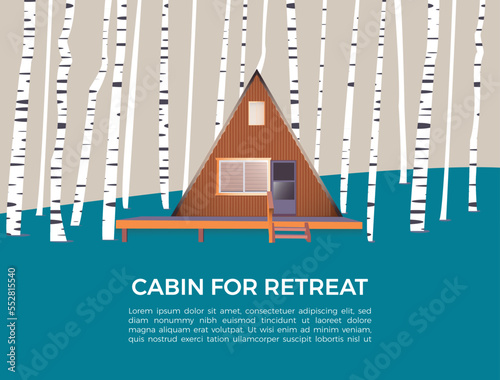Retreat house, cabin, cottage among birch on the blue background. Real estate for sale, rent. Outdoor wooden house. Scandinavian style. Getaway to nature. 