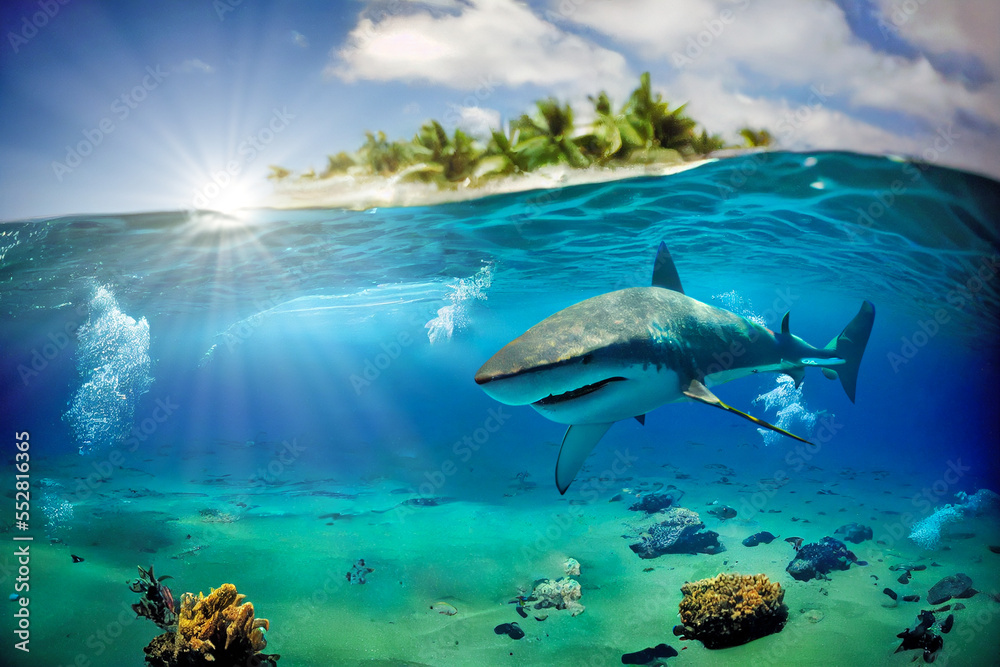 shark with big jaw and sharp teeth attacks underwater in ocean