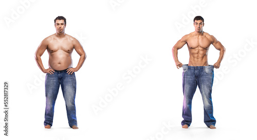 Before After Weight Loss fitness Transformation. The man was fat but became athlete. Fat to fit concept.