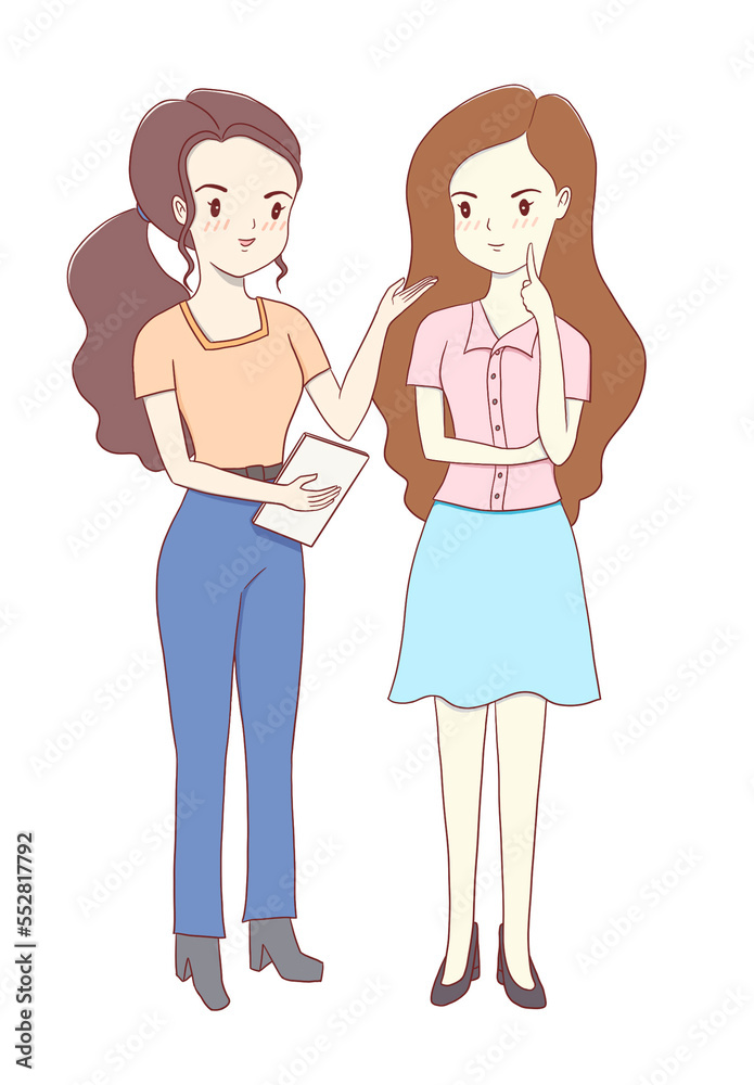 Illustration of two women discussing their work. Illustration of two women discussing their work.