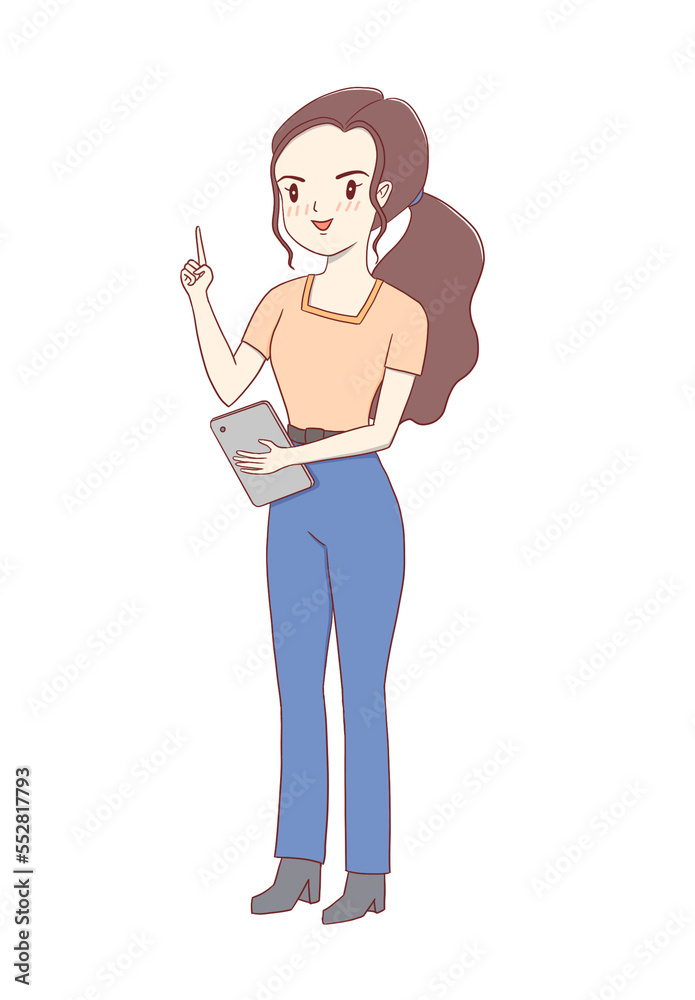 Cartoon illustration of a working woman presenting some work at a meeting using a tablet in her hand to present information.