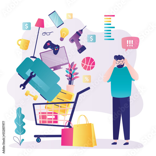 Shopping addiction. Shopaholic man buys lot of unnecessary things in store and online. Concept of shopaholism, culture of excess consumption. Confused guy customer with full shopping trolley.