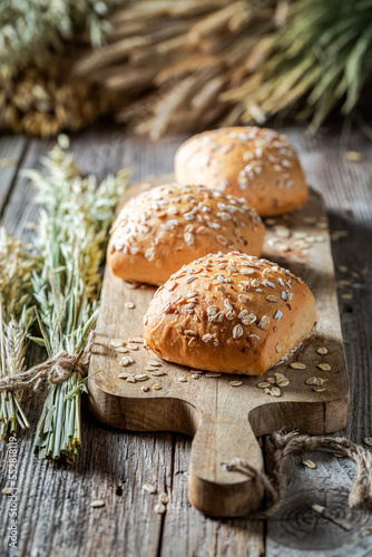 Healthy and wholegrains oat buns baked at home. photo