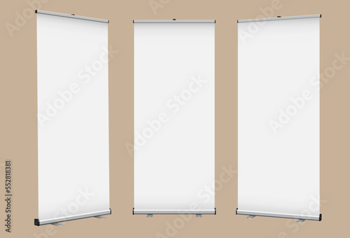 Roll Up banner vector mock-up with blank display. Design template pop up banner for promotional presentation, exhibition or corporate identity.