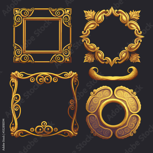 Game ui frames, gold medieval menu elements avatar UI fantasy gold border, medieval ancient facecam menu. A beautiful fantastic children's play template isolated on background. Vector illustration