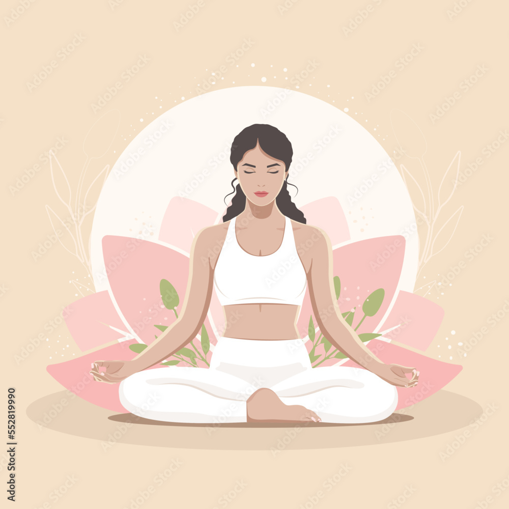 Yoga meditation of a cute girl in a lotus position against the background of a lotus flower and the rising sun