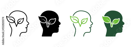 Leaf and Person Brain Environment Concept Line and Silhouette Icon Set. Ecology Idea Pictogram. Plant in Human Head, Green Thinking Symbol Collection on White Background. Isolated Vector Illustration