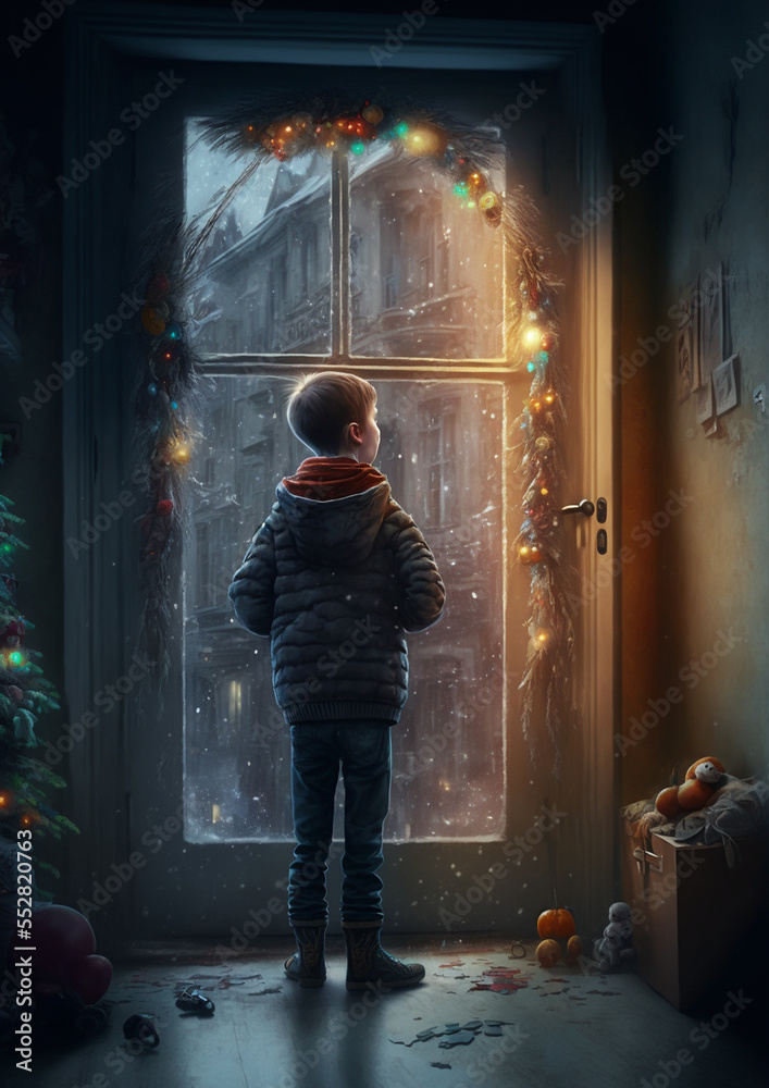 A boy waiting for his parents to get off work to celebrate Christmas.generate by ai