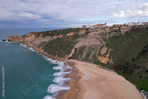 Beautiful aerial view of the large Nazare Beach. Portugal