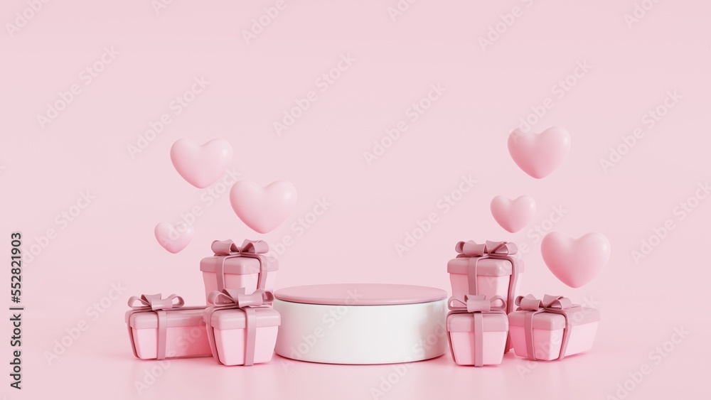 Valentine's day concept, podium decoration with heart shape balloon, gift box, 3D illustration