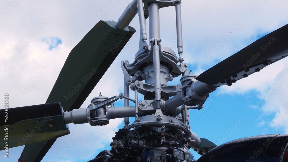 Camera slowly moves up showing a twinrotor coaxial helicopter