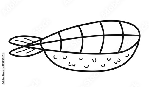 Ebi nigiri. Sushi with shrimp. Japanese food. Hand drawn traditional food element icon. Isolated vector illustration in doodle line style.