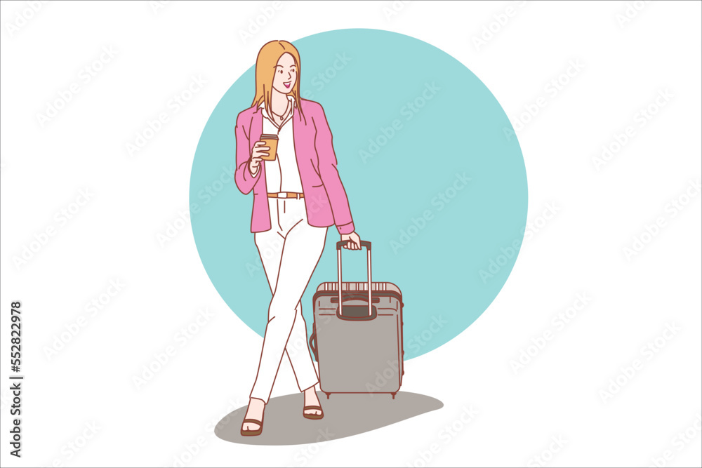 Businesswoman with suitcase and coffee cup walking to airport vector illustration