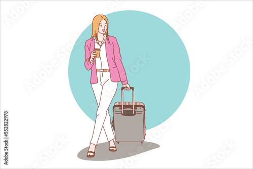 Businesswoman with suitcase and coffee cup walking to airport vector illustration