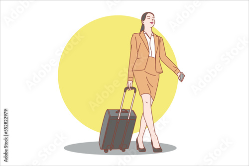 Business people walking, business travel concept. smart phone. Flat design. Passengers with luggage