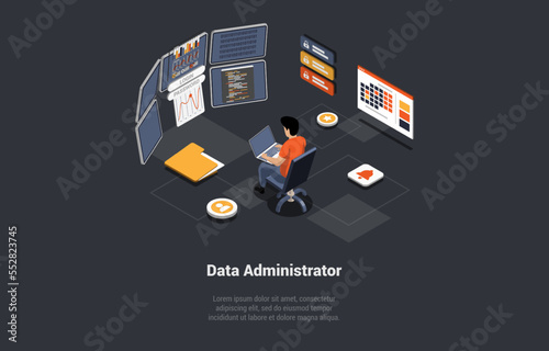 Connection Server Database Synchronize Technology or Web Hosting Infrastructure. Male Character Controls of Working Big Data Storage Lab and Cloud Computing. Isometric 3d Cartoon Vector illustration