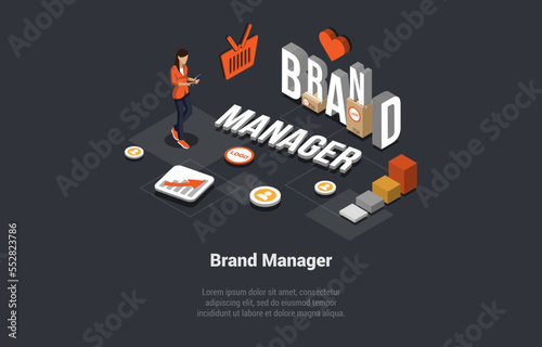 Concept Of Brand Manager. Trendwatching Social Media Network Marketing Team Work on Personal Brand, Building Relationships With Customer, Government and Investors. Isometric 3D Vector Illustration