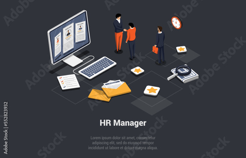 Recruitment Agency And Human Resources. HR Manager Choosing Best Candidates And CV For Hiring Job. Employers Searching For Professional Talented Employees. Isometric 3d Cartoon Vector Illustration