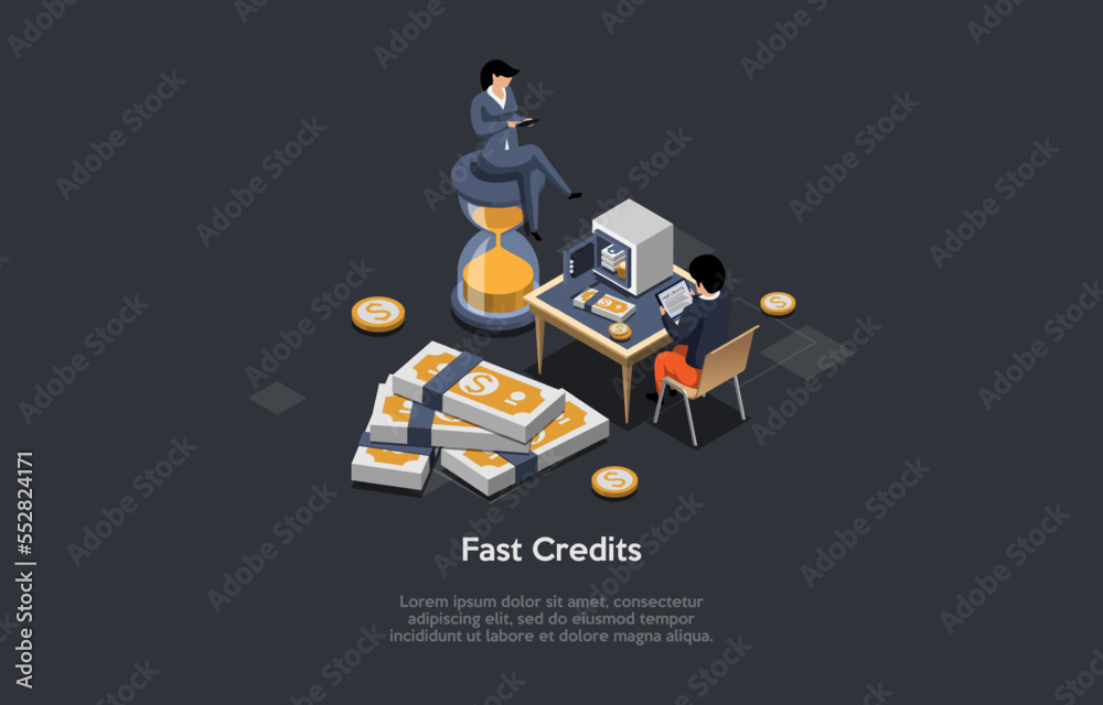 Obraz premium Concept Of Fast Credits And Quick Payment, Easy Money, Fast Cash Loan, Saving Account. Male Character Man Borrowing Money In A Bank Or Financial Organization. Isometric 3d Cartoon Vector Illustration